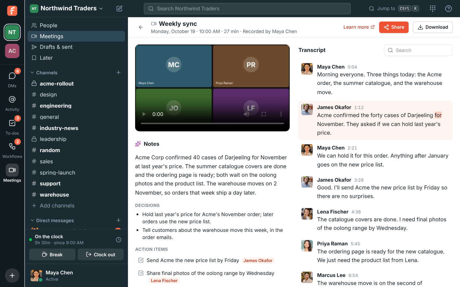 A recorded weekly sync with AI notes, decisions and action items next to a transcript that follows the recording